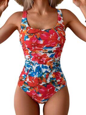 B2PRITY PINK RED WHITE FLORAL RUCHED CUTOUT ONE PIECE SWIMSUIT SIZE XL NWT